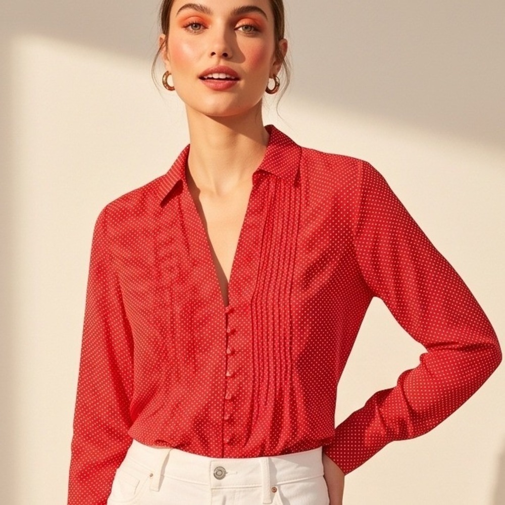 Maeveβ Anthropologie S Red Polka Dot Pleated Button Up Blouse Shirt Small Flirty